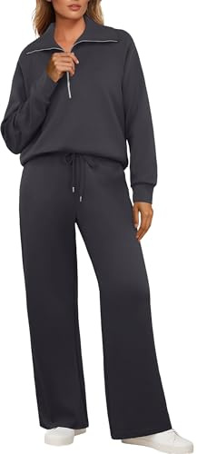 GRECERELLE Jogginganzug Damen Trainingsanzug Zweiteiler Outfits Tracksuit Langarm Lässige V Neck Halb Zip Tops und Jogginghosen Trainingsanzüge mit Taschen (Dunkelgrau, L)