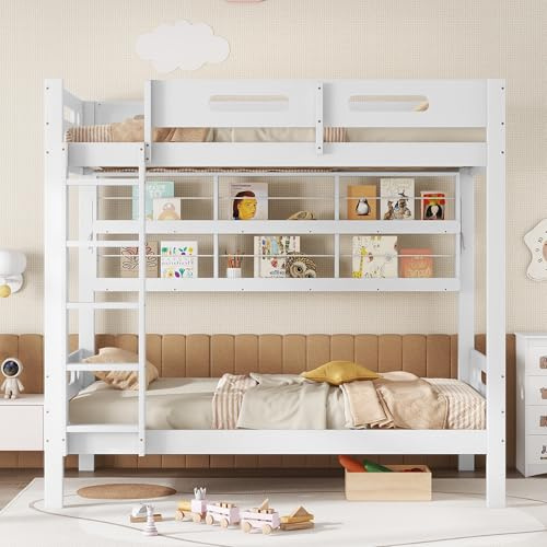 Merax Etagenbett Kinderbett 90x200cm für 2 Kinder, Hochbett Holzbett mit Fünfstufige Leiter, Offenes Regal, Zwei Stabiles Lattenrost, Stauraum, Platzsparendes Stockbett Jugendbett, Weiß, Ohne Matratze