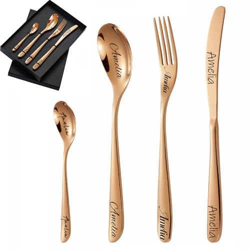 Custom Engraved Cutlery Set, 1 Set of 4 Pieces, Personalised Adult Cutlery Set, Fork, Knife, Spoon and Teaspoon Engraved Stainless Steel Flatware Set