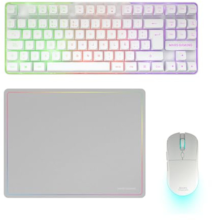 Mars Gaming MCPWTKL, Trådlös Gaming-Combo, DualPro Link 2.4GPRO-teknologi, TKL FRGB Rainbow-tangentbord + RGB 3200DPI-mus med HUANO-brytare + Halkfri musmatta 360x260mm, Vit, Spanska