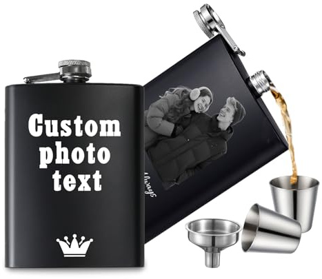 Hip Flask for Men Personalised 8oz Stainless Steel Whisky Flask Custom Engraved with Text and Photos Gift for Dad, Husband, Groomsmen | Fathers Day, Christmas, Wedding Present (Personalized Photos)