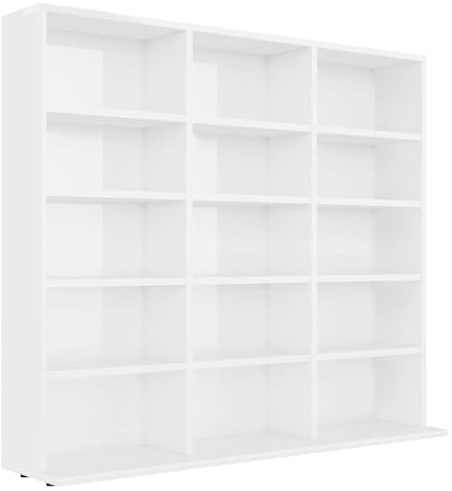 ACAGALA Estantería para CD, DVD, Bluray, con soporte para CD con 15 compartimentos, armario de libros blanco brillante de 100 x 23 x 89,5 cm, estantería de pared para colecciones y vitrina