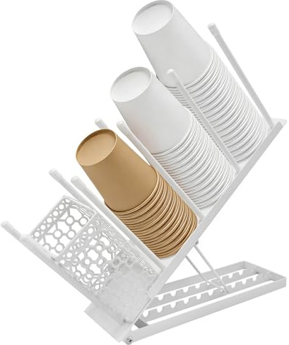 Ollanoos Soporte blanco para tazas de café, con cesta de almacenamiento para popote, dispensador de tazas desechable ajustable de 4 compartimentos para encimera de bar, sala de descanso