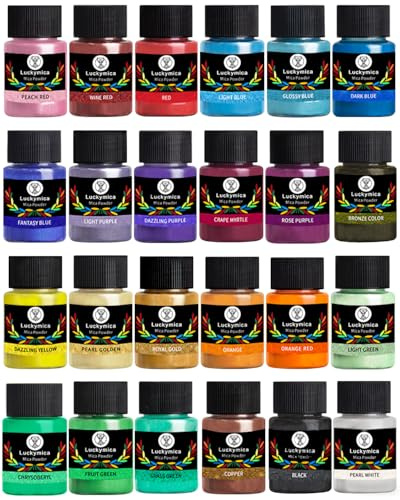 Luckymica Mica Pulver, 24 Färger Pärlemorskimrande Pigment för Epoxiharts, Tvåltillverkning, Ljus, Läppglans, Badbomber och DIY-projekt