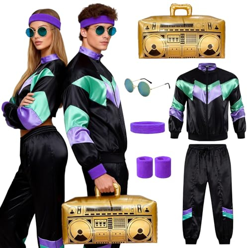 Qottmez 80er Jahre Kostüm Trainingsanzug, 80er Jahre Party Fashion Kostüm mit Accessoire, Outfit Herren Damen Trainingsanzug für Karneval & Party