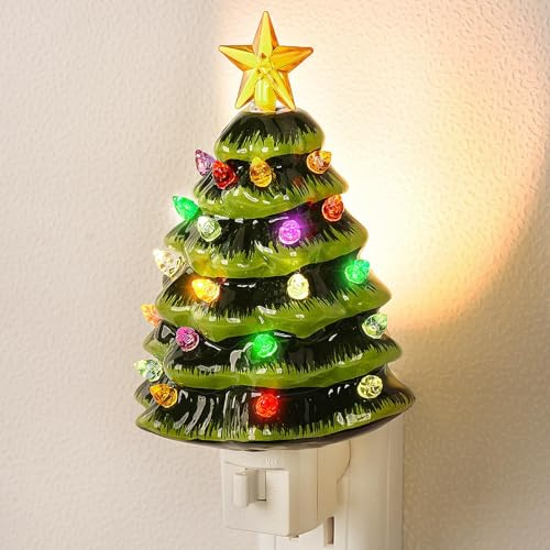 Keramik-Weihnachtsbaum-Nachtlicht, 15,2 cm, Wandstecker mit mehrfarbigen Glühbirnen und An-/Aus-Schalter, Retro-Feiertagsdekoration für Schlafzimmer, Badezimmer, Kinderzimmer (1 Stück)