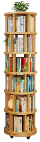 Dexinhdh Rundes, Drehbares Bücherregal Mit 6 Ebenen, Drehbarer Bücherturm Aus Holz Mit Rollen, Platzsparendes Bücherregal Mit Drehteller Für Schlafzimmer, Wohnzimmer, Büro(A)
