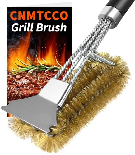 CNMTCCO Grillbürste Messing, 3-in-1 Grill Messingbürste mit Messing Borsten, Schaber & Extra Langem Griff, für Gasgrill, Holzkohlegrill & Elektrogrill, Effektiver Grillreiniger ohne Kratzer