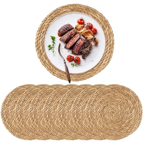 8er Set Wasserhyazinthen Tischset Rund Geflochten, 30cm Natürliche Tisch Platzset Handgefertigte Boho Tischsets Platzsets Abwaschbar aus Seegras für Esstische Telleruntersetzer
