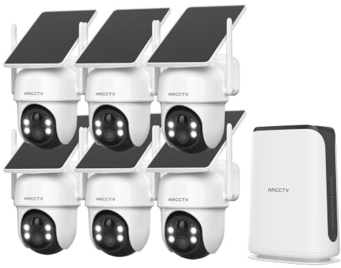 ARCCTV | 3K Camera Surveillance WiFi Exterieure sans Fil Solaire, WiFi-NVR | 3K 5MP QHD, Sans Abonnemen, 6Cam+Base, 2.4/5G WiFi, 32 Go Local, 360° PTZ, Nocturne Couleur, PIR, Audio Bidirectionnel, IP66