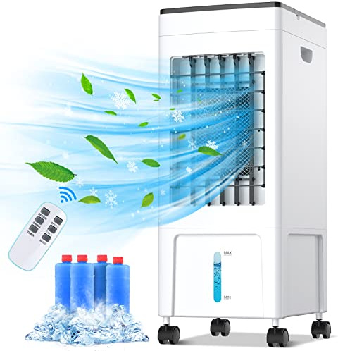 Portable Air Conditioner 4-in-1 Evaporative Cooler, 8L Humidifier & Purifier, 1-8H Timer, 3 Modes, Remote Control, Includes 4 Ice Boxes for Home Office Kitchen