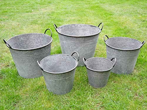 Annibells Large Round Galvanised Metal Bucket Planters Flower Pots (Small)