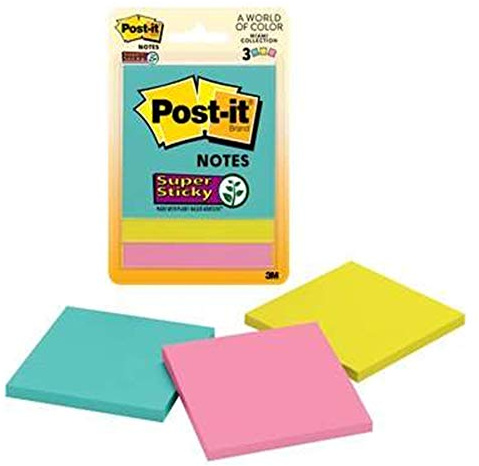 3M Post-it Super Sticky Notes | 2X Sticking Power | 3 dynor x 45 ark | 7,6 cm x 7,6 cm | Anteckningar, påminnelser, studier, skola och organisation | Ljusa neonfärger