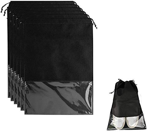 Ulife Mall 6 Stück Schuhbeutel mit Transparentem Fenster, Großer Kordelzug Reise Durchsichtig Schuhtasche Wasserabweisende Staubabweisende Schuhsack für Zuhause-Aufbewahrung Sport Camping, Schwarz