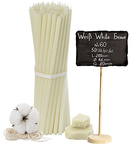 №60-50 Stk. Weiße Bienenwachskerzen-Kollektion: Traditionelle Stab- und Haushaltskerzen, Ritualkerzen sowie farbige Wachskerzen ein Set für Rituale L-20,5 cm Ø-6,6 mm, 80 Min Brenndauer
