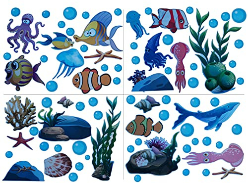 Alnicov 80 Stück leuchtende Unterwasser-Kreaturen Wandaufkleber Fische Seestern Muschel Wandornamente Wasserdicht Wandsticker Dekor für Home Office Wohnzimmer Wand Badezimmer WC (Luminous-Blue)