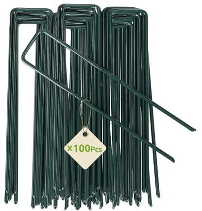iropro Erdanker für Unkrautvlies (100 Stück), Stabile Heringe Erdnägel für Unkrautvlies, Gartenvlies, Zaun & Camping, Anti-Rost Erdnägel aus Stahl, 150x25mm Zeltheringe-Bodenanker Ø 3mm, Grün