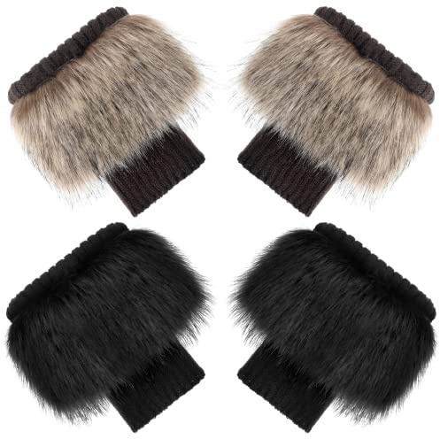 Bencailor 2 Pairs Faux Fur Plush Leg Warmers Knitted Furry Fuzzy Leg Cuffs Short Fuzzy Warmer for Women(Black and Brown)