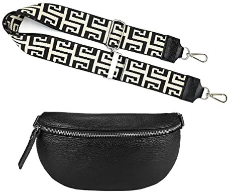 Made in Italy OBC Damen Set Gürteltasche + Schultergurt Leder Crossbody Hüfttasche Bauchtasche Umhängetasche Brusttasche Crossover Bodybag Schultertasche Handytasche Tasche Schwarz S (22cm) + Gürtel