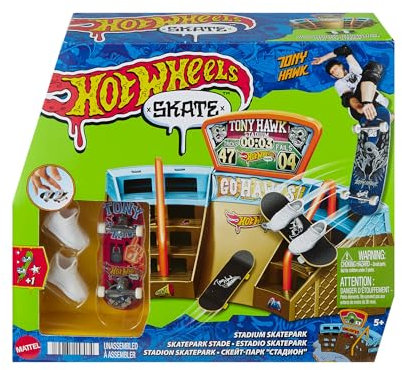 Hot Wheels Skate Stadion Skatepark - 360-Grad-Design, Tony Hawk Fingerboard, abnehmbare Skateschuhe, erweiterbar, für Kinder ab 5 Jahren, HPG34