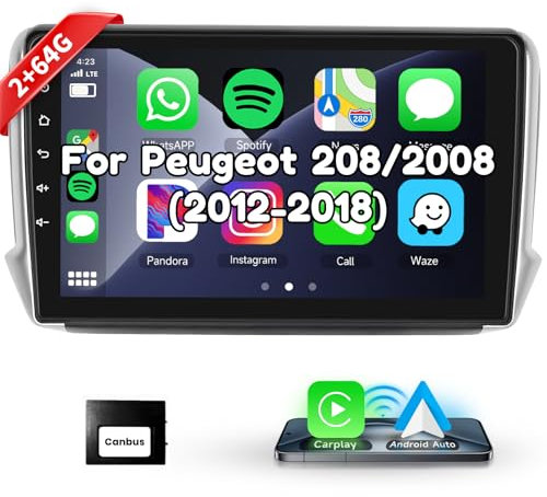 Radio de Coche [4G+64G] para Peugeot 208/2008 (2012-2018), Pantalla táctil de 10,1 Pulgadas, Android 13, CarPlay, Android Auto, BT5.0, WiFi, GPS, RDS, FM, EQ