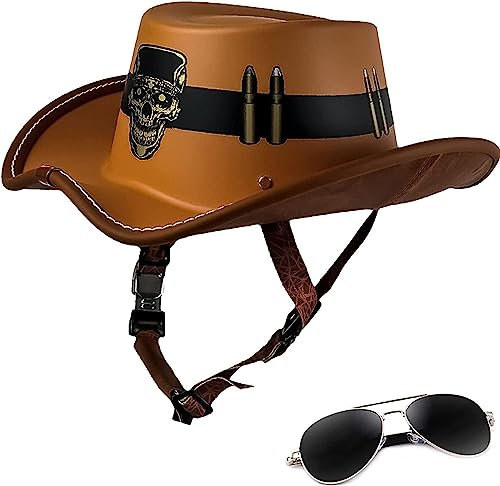 Retro Motorrad Halbhelm Sommer Damen Herren Western Cowboy Hut Roller Moped Helm Persönlichkeit Vintage Helm Mit Abnehmbarem Futter Geeignet DOT-Geprüft C,L(59-60cm)