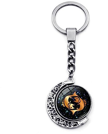 LODMLOER Porte-Clés Lumineux 12 Constellation - Porte-Clés Cabochon en Verre De Lune Rotatif À Double Face, Lion Vierge Balance Scorpion Sagittaire Signes du Zodiaque Porte-Clés Bijoux, Poissons