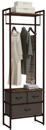 HOMCOM Free Standing Clothes Rail with 3 Fabric Drawers - Rustic Brown | Storage Shelves, Garment Rack, Hanging Rail, Hallway, Bedroom, Living Room