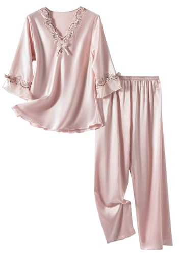 Zeiayuas Silk Pyjamas for Women Ladies Satin Pajamas Set Floral Lace V Neck T-Shirts and Loose Pants Sleepwear Loungewear Pj Sets Soft Cosy Classic Pjs for All Seasons Pink