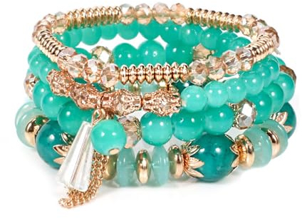 APMGONT Boho Kristall Perlen Armband, 4 Stück Boho Quaste Armbänder für Damen, Natürliches Kristall Heilsteine Armband, Statement Armreifen für Weihnachten, Valentinstag, Geburtstag