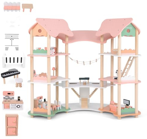 HOMASIS Maison de Poupée en Bois pour Enfants sur 3 Niveaux, Maison de Poupée d'angle 31 Meubles et Accessoires, Jolie Maison de Rêve Princesse pour Poupées, Maison de Jeu, Cadeau pour Les Enfrant
