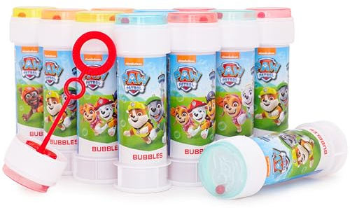Toyland® Pack de 12 Paw Patrol Botes de Burbujas con Varitas, Solución de 60ml y Tapa de Laberinto Novedosa - Juguetes para bolsitas de Fiesta y Dinero de Bolsillo