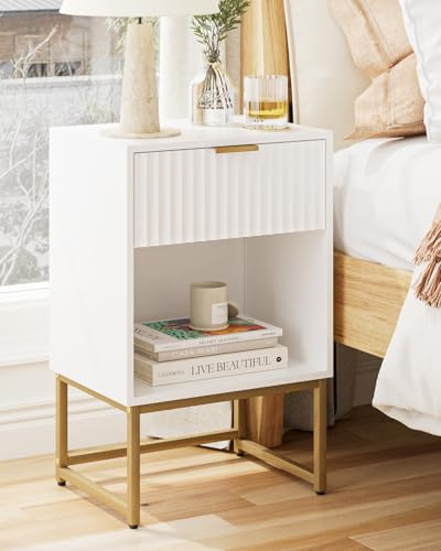 HEYZOEY Nachttisch Weiß, geriffelte Front, Schublade & Fach, 40×30×60 cm | Großes offenes Fach und leichtgängige Schublade – modernes Design für Schlafzimmer, Wohnzimmer oder Büro