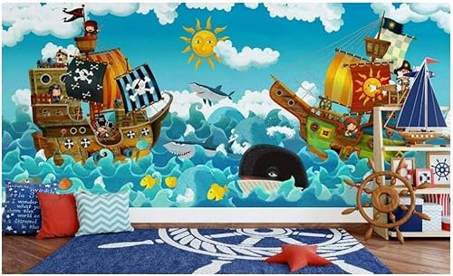 Cartoon Sea Boat Shark 3D Wallpaper Office Living Room Sofa Bedroom TV Background Wall Decoration-430cm×300cm