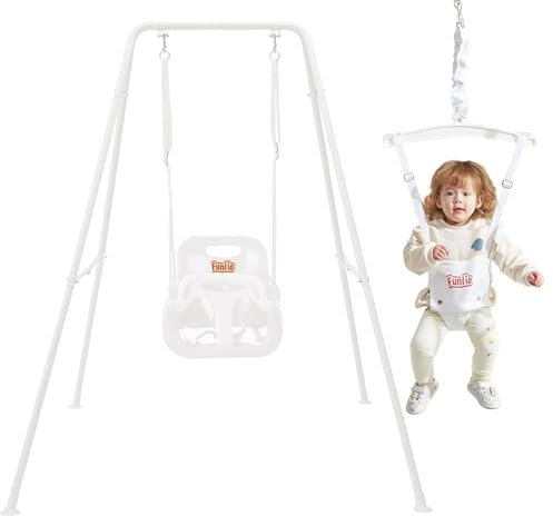 FUNLIO 2 in 1 Swing Set for Toddler & Baby Jumper, Heavy Duty Kids Swing & Bouncer with 4 Sandbags, Foldable Metal Stand for Indoor/Outdoor Play, Easy to Assemble and Store - White