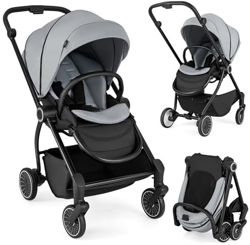 COSTWAY Silla de Paseo con Asiento Reversible, Carrito Bebe Plegable con Respaldo Reclinable, Toldo Ajustable, Asa y Reposapiés, Coche Infantil de Aluminio con Cesta y Ruedas con Suspensión (Gris)