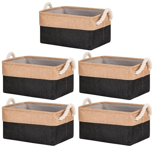 5 Pack Storage Baskets for Shelves with Cotton Rope Handles, Foldable Fabric Canvas Material Storage Boxes Organiser for Clothes, Toys, Office Product (Black, 30x20x15 cm)