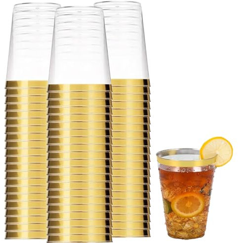 Yuedefly 50 pcs Plastic Tumbler Cups, 10 OZ Clear Tumblers with Gold Rim,Reusable Elegant Party Cups for Cocktail, Champagne, Beer, Martini, Dessert
