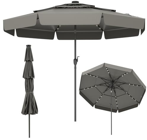 RELAX4LIFE Parasol Droit Inclinable 3M LED | Parasol de Jardin Extéieur 3M LED à Volants | Toit Ventilé à 3 Couches | Inclinaison 35° | 8 Baleines | Protection Solaire pour Balcon Terrasse (Gris)
