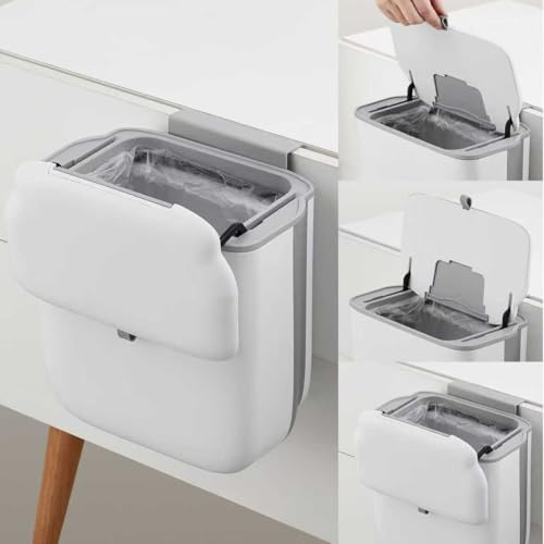 FrostJoy 12L Wall-Mounted & Hanging Kitchen Bin with Lid, Foldable Cabinet-Door Compost Bin with Adhesive & Hook Mount Under-Sink/Countertop Use for Office Bathroom Camper/RV White