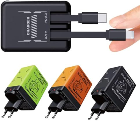 2-in-1 GaN Charger, Retractable Phone Chargers Wall Plug with Type-C Cables, Versatile Portable Fast Charging Power Adapter for Smartphone, Tablet