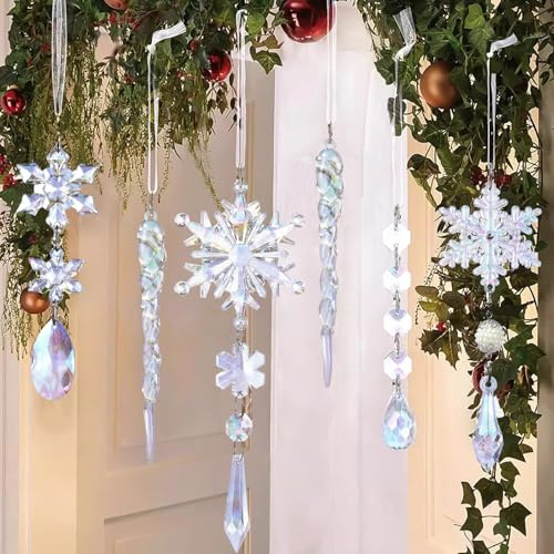 MSQ 18 Christmas Crystal Snowflake Ornament Acrylic Crystal Hanging Pendant | Acrylic Snowflakes Icicles Clear Teardrops Curtain Prism Decorations