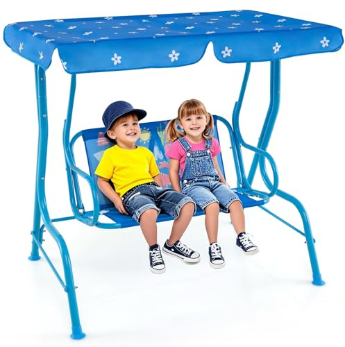 GYMAX Altalena a 2 Posti per Bambini con Tettoia Regolabile e Cinture di Sicurezza, Panchina da Giardino con Struttura in Metallo, Regalo per Bambini 3 + Anni, Per Cortile, Giardino e Prato (Blu)