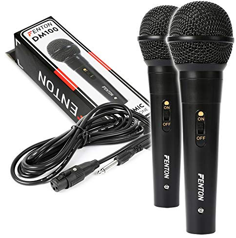 Fenton DM100 Wired Microphone Set - Pair of Handheld Dynamic Vocal Mics with On/Off Switch & 3m Cable - Ideal for Karaoke, Singing, Speeches and PA Events - Black Finish