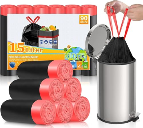 XIQIYY Sac Poubelle 15L Avec Poignées, 90 Pièces | Sacs Moyens Pratiques et Anti-Fuite pour Salle de Bain, Maison et Bureau