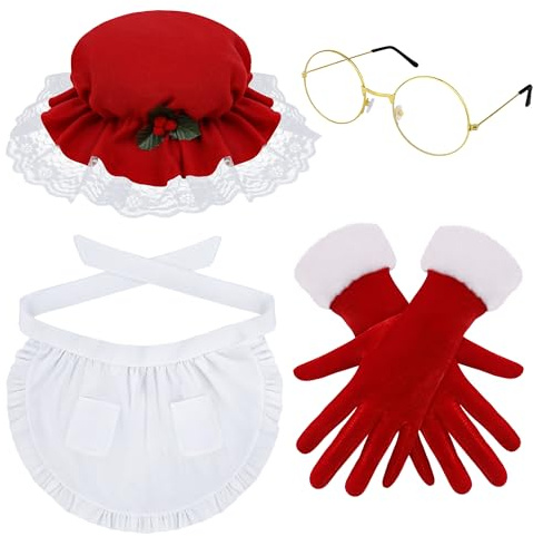 Ueyben Mrs Claus Kostüm für Erwachsene, Weihnachtskostüm für ältere Damen mit roter Weihnachtsmütze, Schürze, Handschuhen und Brille für Karneval Partys und Cosplay