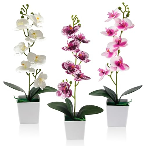 Xbessc Orchideen Künstlich 3 Stück Künstliche Blumen im Topf wie echt 43 cm | Künstliche Orchideen wie echt mit Blätter Kunstorchidee Phalaenopsis für Tischdekoration Wohnkultur (Weiß/Lila)