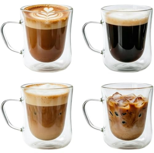 Foravgei 4PCS Double Walled Glass Coffee Cups, 220ml Espresso Coffee Mugs with Handle,Insulated Glass Tumblers,Clear Cup Insulated Glasses Tea Hot & Cold Drinks, Latte,Water