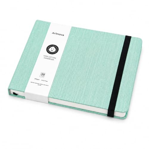 Skizzenbuch A5, grün, 100 % Baumwolle, 300 g/m², Querformat, Aquarellblock und Tinte, 30 Blatt (60 Seiten), kaltgepresstes Papier – Sketchbook Reise mit Innentasche