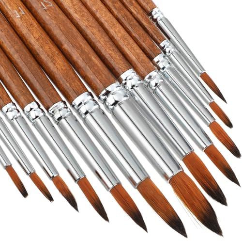 12-delat set med akvarellpenslar, konstnärs-akvarellpenslar, professionellt set med runda, spetsiga penslar, för akvarell, akryl, gouache, olja, kropps-, ansikts- och stenmålning (brun)